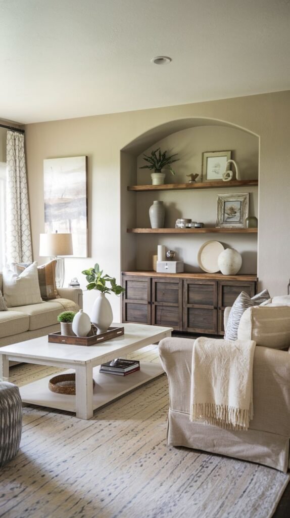 Living room featuring a custom recessed wall niche with an arch, showcasing natural wood floating shelves above a dark, rustic wood base cabinet, contrasting with the white coffee table and light seating.