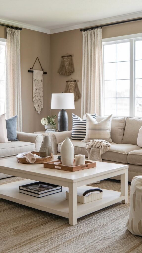 Bohemian farmhouse living space with tan walls, featuring three woven macrame wall hangings above a neutral sofa; centered around a white square coffee table with storage shelf.