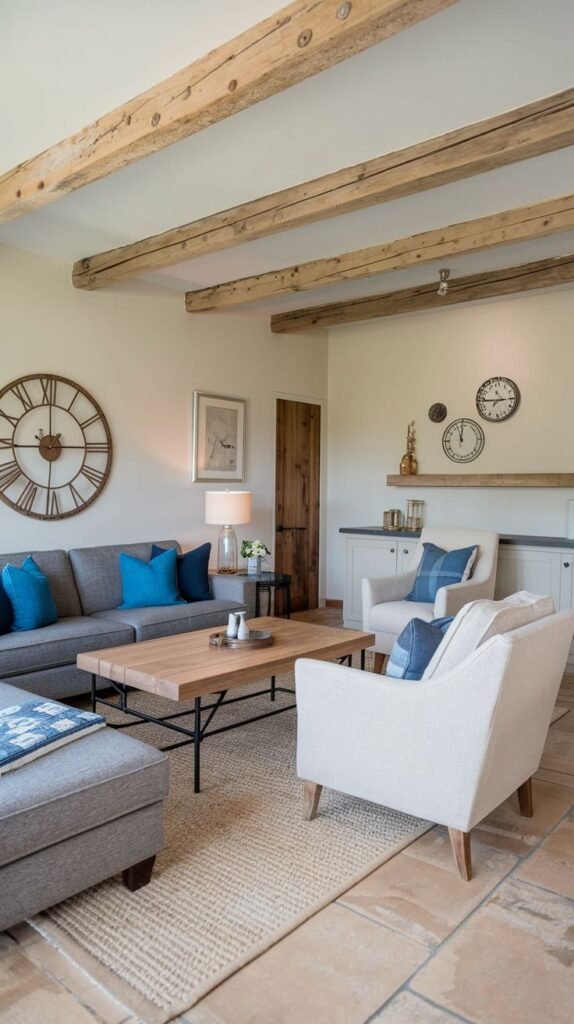 Rustic farmhouse room with exposed wood ceiling beams and terracotta tile flooring; includes a gray sectional, light armchairs, bold blue pillows, a wood and metal coffee table, and a massive metal wall clock.
