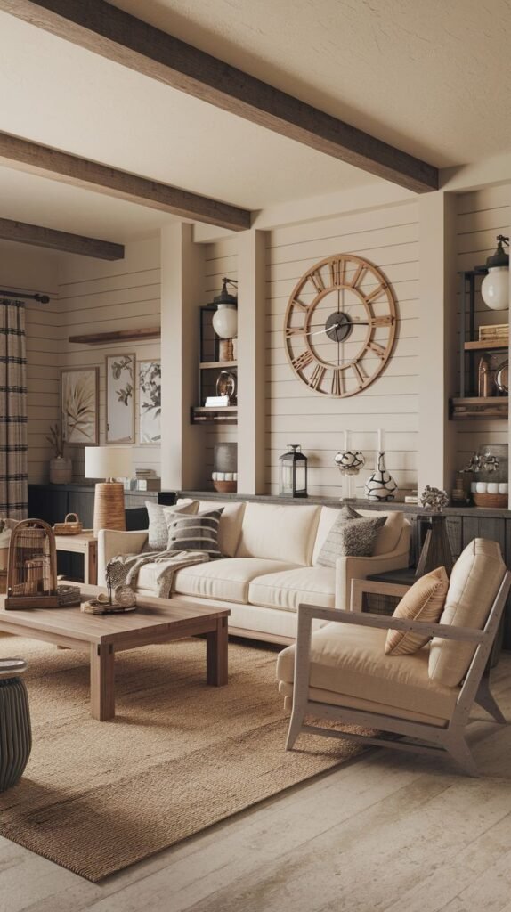 Warm farmhouse living room with rough-hewn beams, wide horizontal shiplap paneling on accent walls, and an oversized rustic wooden clock serving as the main decorative focal point.