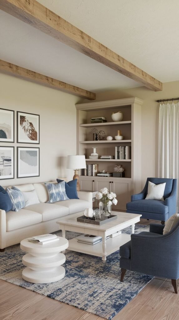 Modern living room featuring a neutral palette with strong blue color accents in the rug and throw pillows; defined by a large, traditional light gray built-in bookcase and a sleek white coffee table.