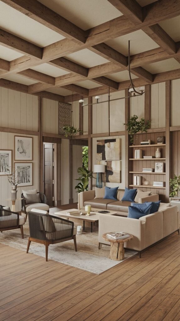 Rustic, cabin-style living room dominated by dark wood exposed beams and vertical wood wall paneling, featuring light beige sofas with brown leather accents, dark wood floors, built-in shelving, and numerous green plants.