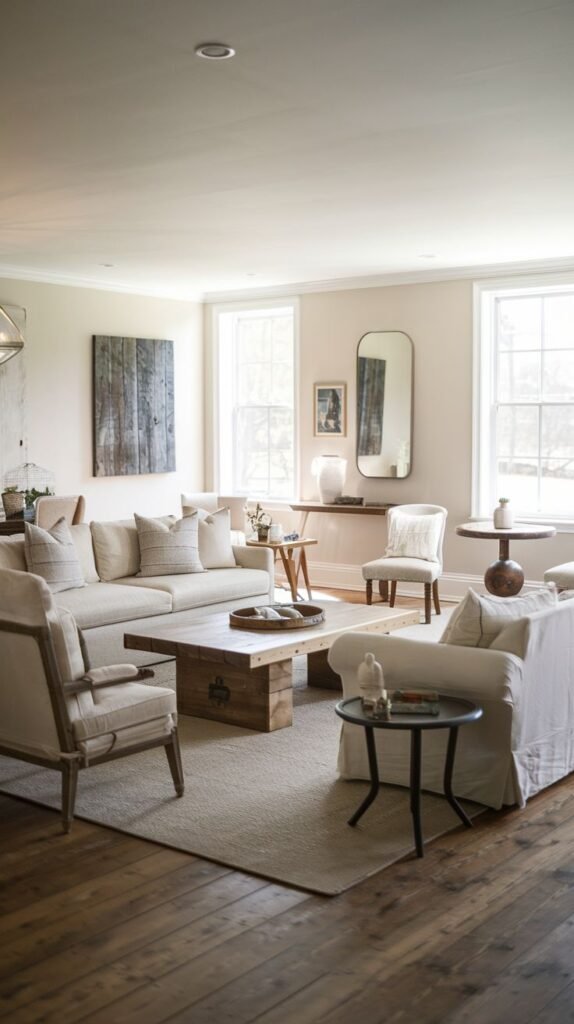Large open living area with wide dark wood floors and simple, light furniture centered around a heavy, rustic wood trunk-style coffee table; includes a large piece of art made of weathered wood planks.