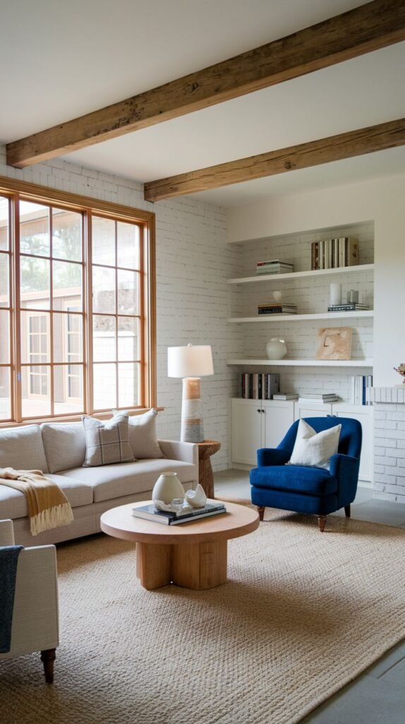 Bright modern space featuring painted white brick walls, rough wood ceiling beams, a striking large wood-framed picture window, and a single deep cobalt blue velvet accent armchair.