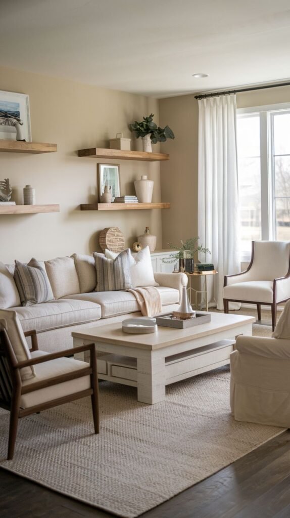 Neutral living room featuring two tiers of natural wood floating shelves against warm tan walls; includes light seating, a large white wooden coffee table with detailed trim, and dark wood-framed armchairs.