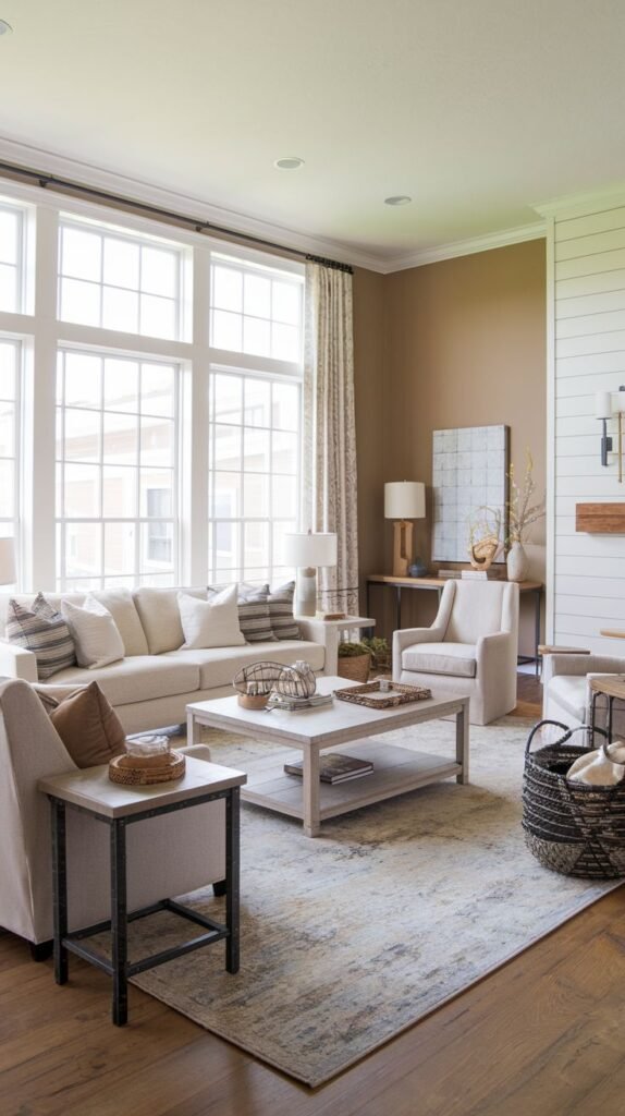 Expansive living room with a floor-to-ceiling multi-paned window wall and a shiplap accent wall near the fireplace; features light neutral seating, a distressed wood coffee table, and industrial metal and wood side tables.