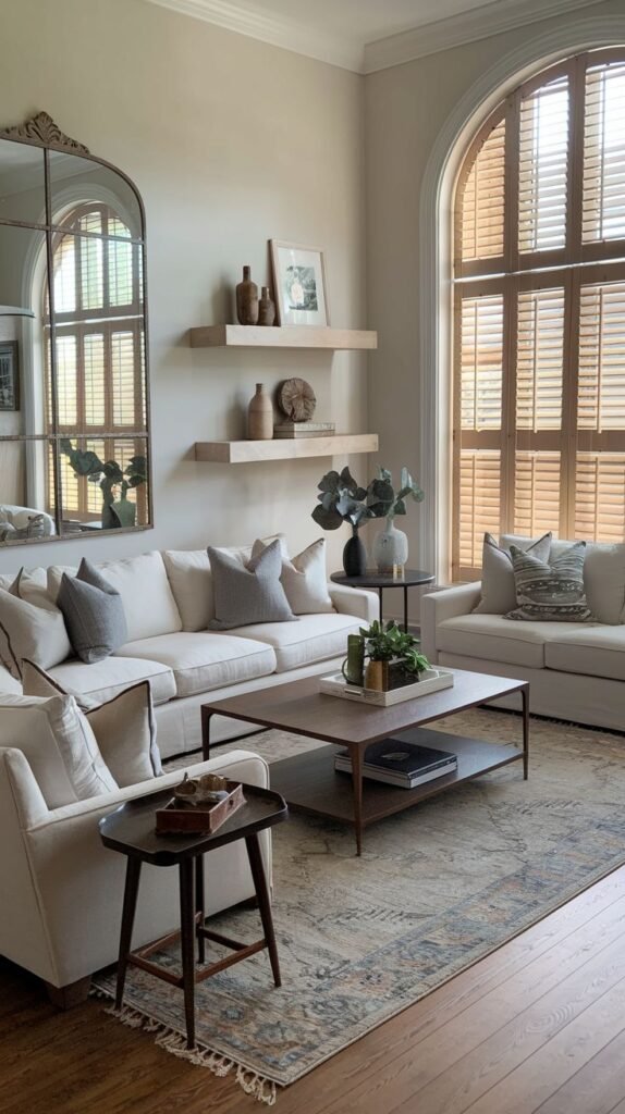 Elegant living room with an oversized arched window featuring wood plantation shutters, mirrored by a large, ornate arched mirror on the adjacent wall, set above two tiered floating wood shelves.