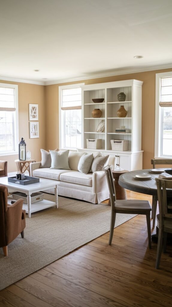 Open concept living area with warm orange-tan walls, dominated by a tall, traditional white built-in bookcase used to delineate the space from the adjoining dining area.