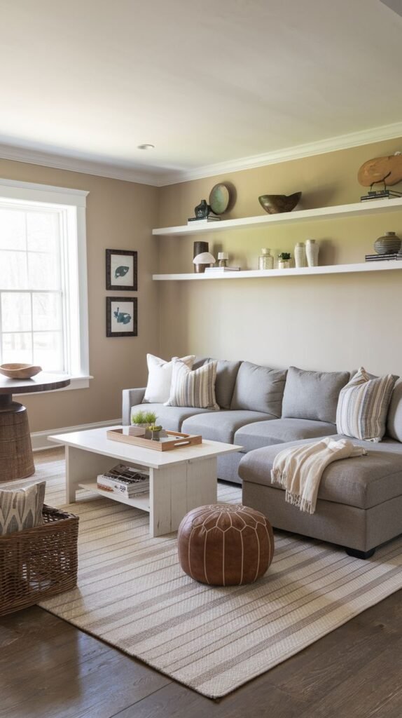 Casual seating area with a gray sectional, featuring a white wood coffee table, a striped woven rug, and a small leather Moroccan pouf; the wall displays long white floating shelves.