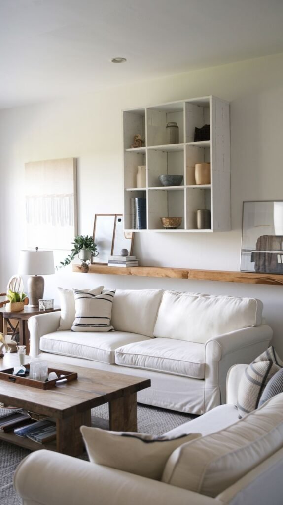 Bright white interior featuring a square, divided white cubby shelving unit mounted above a long, natural wood floating shelf, contrasting geometric structure with rustic materials.