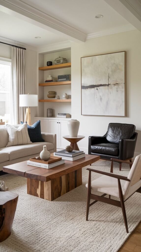 High-end modern farmhouse living room with recessed shelving and live-edge wooden coffee table with a massive block base; features a deep black leather armchair and a wood-framed cane chair.
