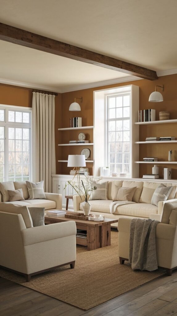 Inviting living room with saturated terracotta/orange-brown walls, featuring a single dark wood beam, white floating shelves, and an abundance of cream-colored, comfortable seating.