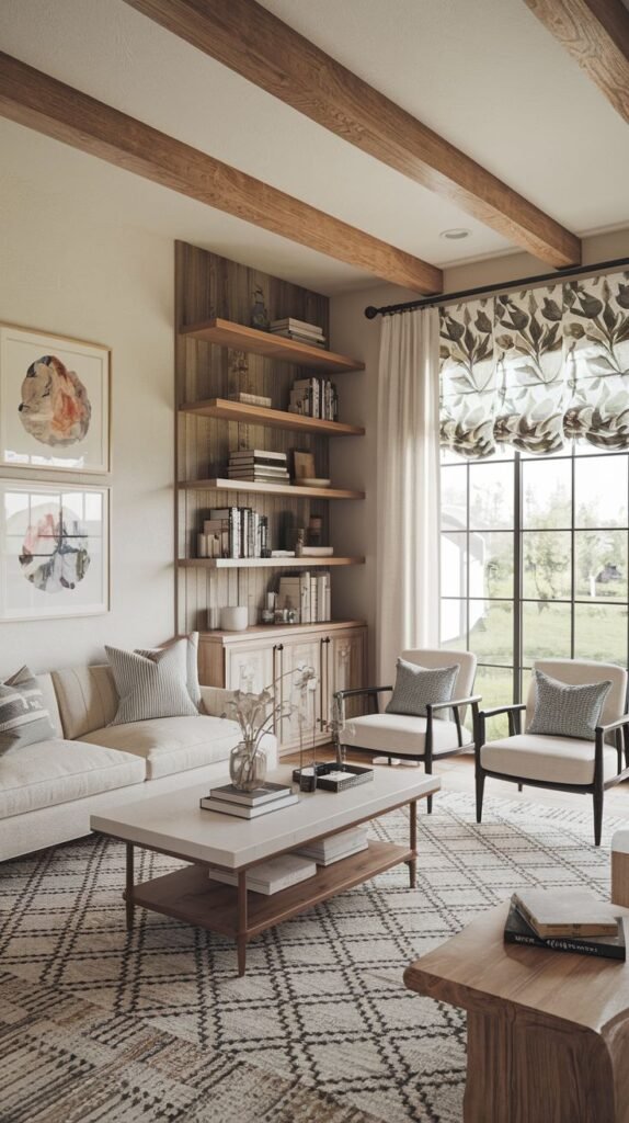 Farmhouse interior with wooden ceiling beams and a built-in wood shelving unit with lower cabinetry; includes a large window featuring a curtain and a patterned valance with a botanical leaf design.