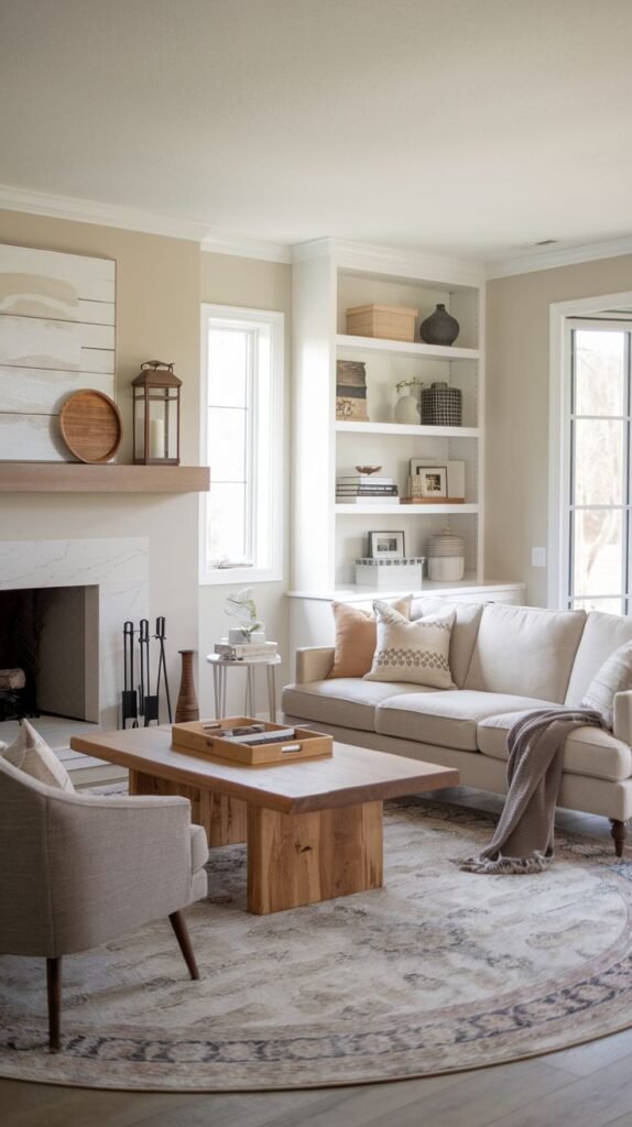 Refined modern farmhouse space featuring a simple white fireplace surround with a light wood floating mantel, built-in shelving, a light wood coffee table with a thick top, and a large round patterned area rug.