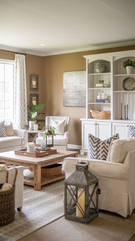 Traditional farmhouse room with warm brown walls, a large white display cabinet with glass doors, and white upholstered seating accented with bold chevron and patterned throw pillows.