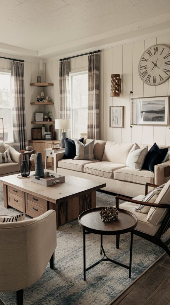 Modern farmhouse living room featuring white vertical shiplap walls, a light beige sofa with navy blue pillows, a chunky wood coffee table with drawers and a distressed base, and a large distressed wooden Roman numeral wall clock.