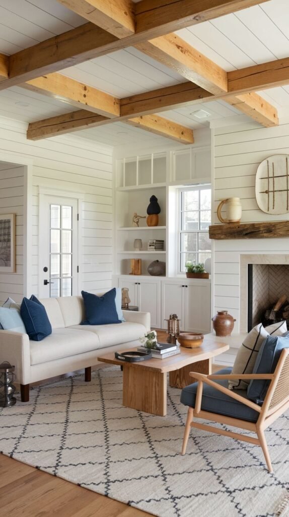 Coastal-inspired farmhouse interior with white horizontal shiplap walls and rustic natural wood beams overhead; features a white sofa with navy blue pillows, a light wood coffee table, and a natural fiber rug with a dark diamond pattern.