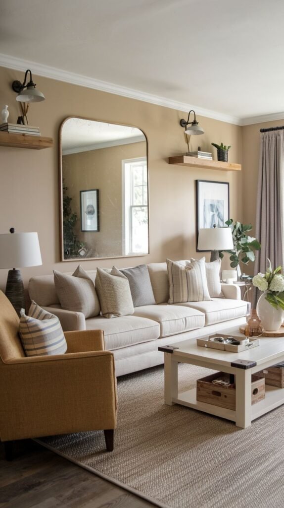 Cozy living room with warm tan walls, centered around a large arched rectangular mirror above a sectional sofa, flanked by two rustic wooden floating shelves with black industrial sconce lighting.