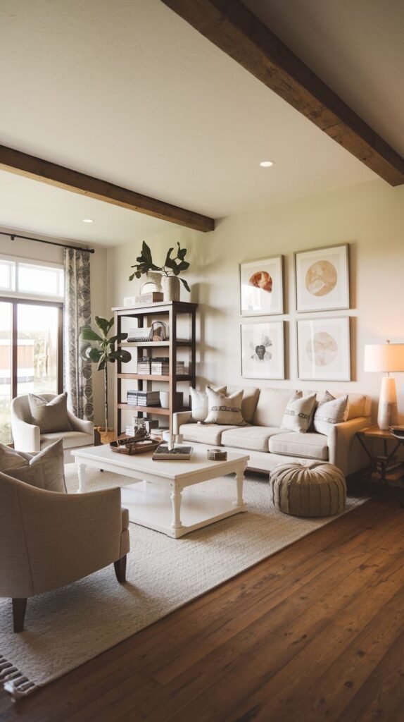 Symmetrically arranged living room featuring dark ceiling beams and four square, framed abstract botanical prints displayed above a neutral sofa; includes an open dark wood bookcase and white square coffee table.