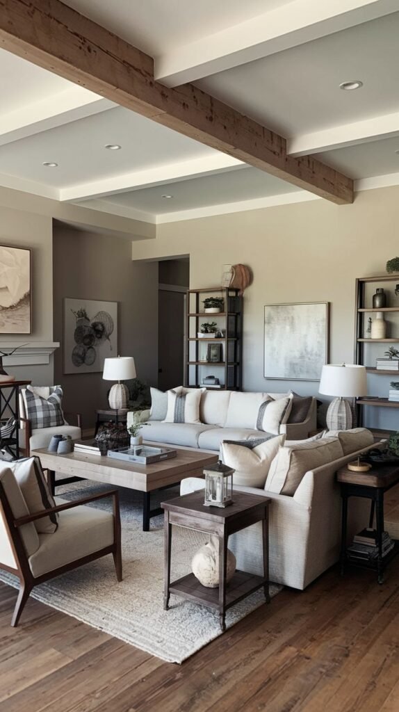 Open concept living space with textured wooden beams accenting a tray ceiling design, layered neutral seating, and mixed-material side tables featuring dark metal and wood elements.
