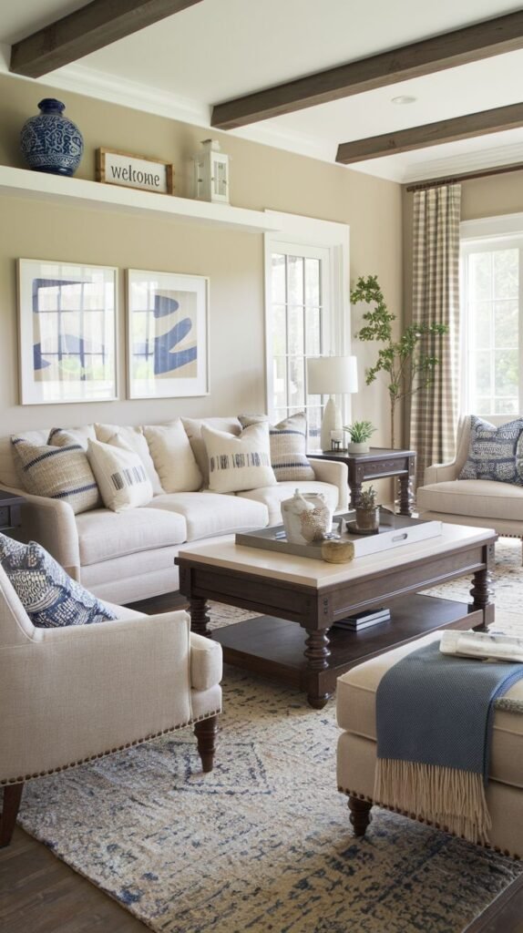 Traditional modern farmhouse living room with exposed ceiling beams, a light sofa, and two framed blue abstract prints above a low shelf; anchored by a large, heavy dark wood coffee table with a light inset top.