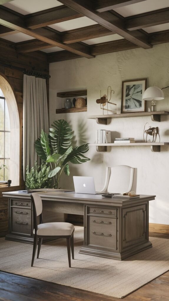 Modern Farmhouse Office with a dark coffered ceiling, a gray executive desk, a white upholstered chair, and light wall shelves flanking an arched window opening with heavy drapes.
