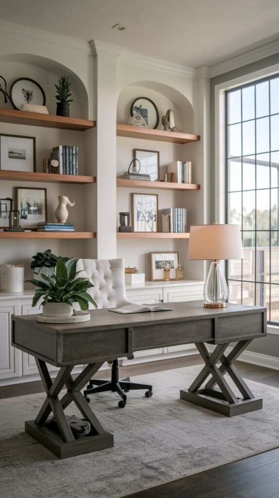 Modern Farmhouse Office featuring a gray desk with prominent X-shaped bases, set against a wall of arched white built-in cabinetry and light floating wooden shelves.