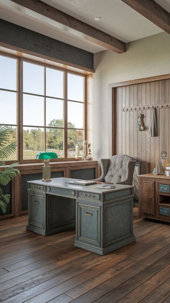Rustic Modern Farmhouse Office featuring a distressed blue-green desk, thick wood plank flooring, and a window with wood trim, contrasted by a diagonally paneled wood accent wall with hooks.