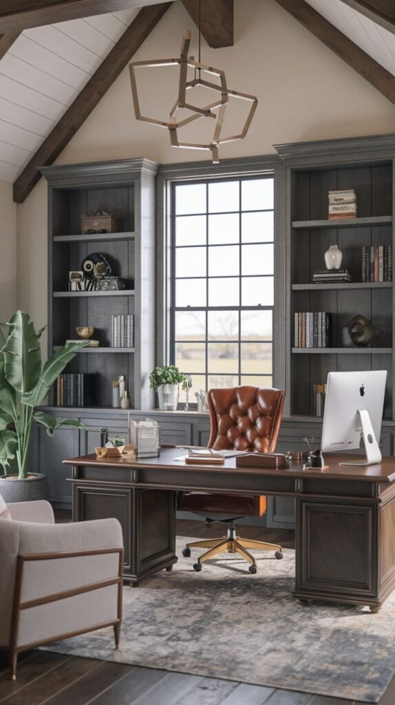 Stately Modern Farmhouse Office with dark gray built-in library shelving, a deep brown wood desk, a brown leather tufted chair, and a geometric modern chandelier under a vaulted ceiling.