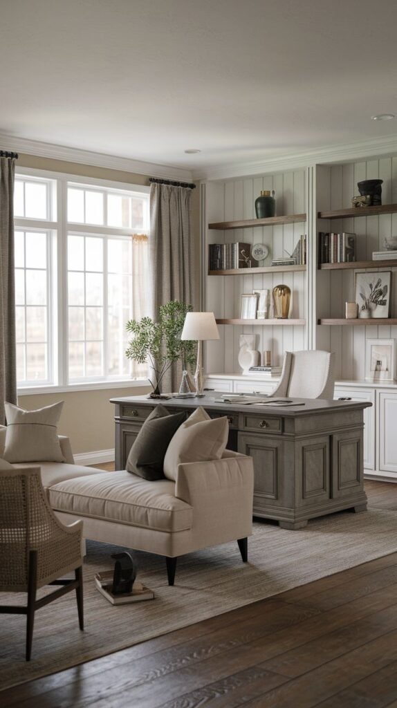 Multifunctional Modern Farmhouse Office featuring a gray desk, a neutral chaise lounge seating area, and a backdrop of white shiplap paneling with built-in cabinetry and wood shelving.