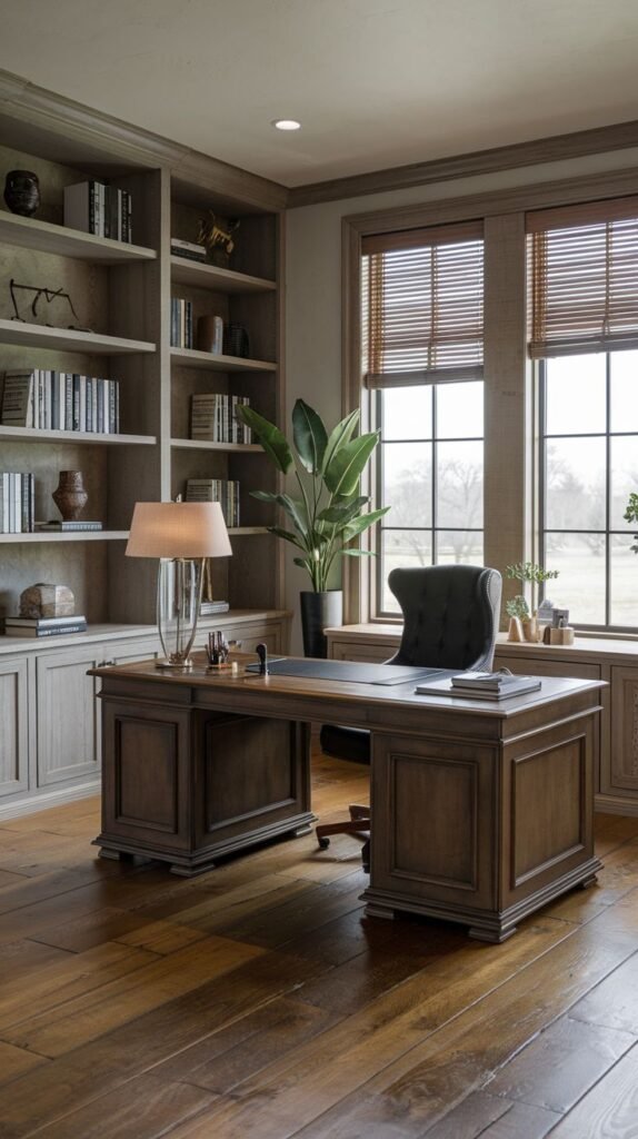 Modern Farmhouse Office library featuring dark wood flooring, a deep brown desk, extensive gray built-in shelving, and windows treated with horizontal wooden blinds.