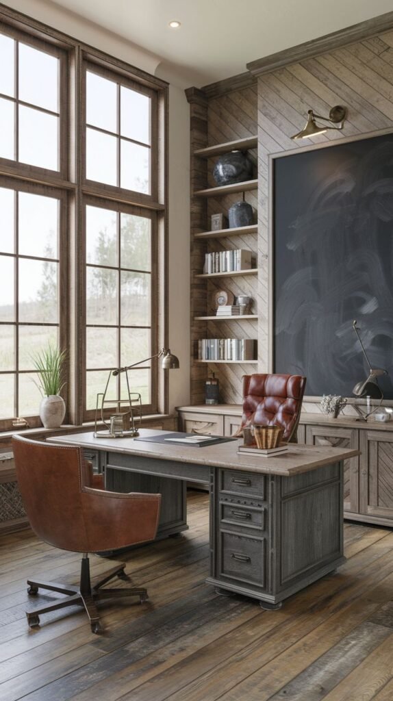 Dynamic Modern Farmhouse Office featuring a gray desk, a rust-colored leather chair, vertical shelving, and a large chalkboard integrated into a diagonally paneled wood accent wall.