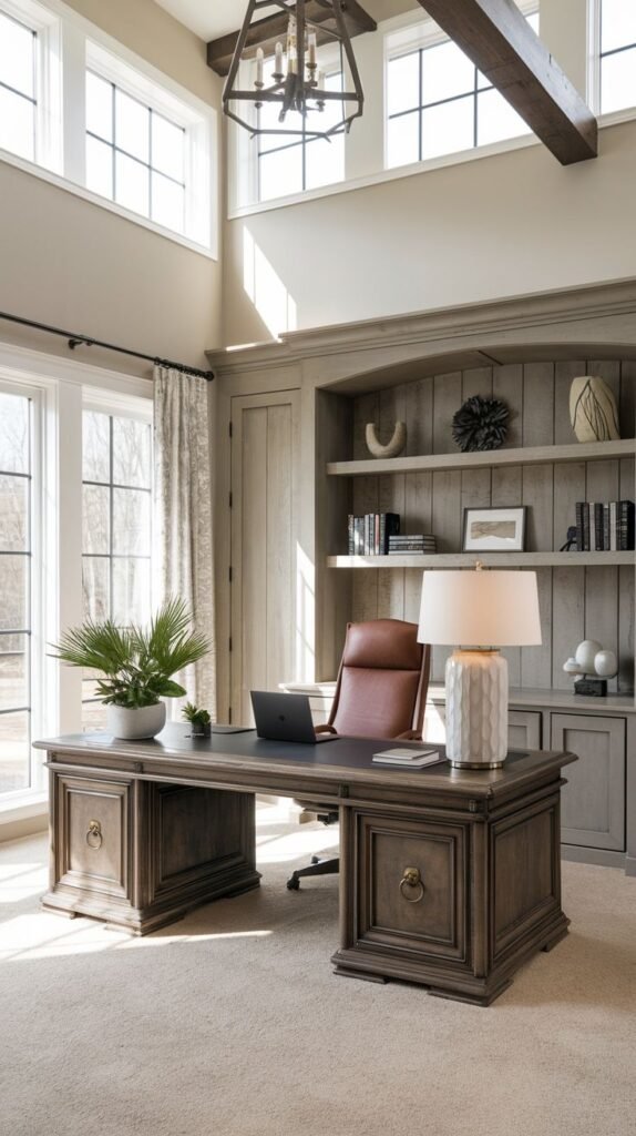 Grand Modern Farmhouse Office with tall gray built-in shelving, high ceilings, clerestory windows, and a traditional desk with substantial ring pulls on the drawers.