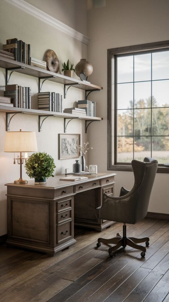 Traditional Modern Farmhouse Office with a medium-toned wood writing desk, multiple floating shelves supported by iron brackets, a dark upholstered wingback chair, and wood plank floors.