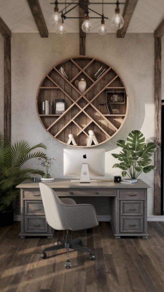 Modern Farmhouse Office with an architectural focal point: a large circular wood shelving unit divided into diamond cubbies above a gray desk and monitor, accented by industrial lighting.