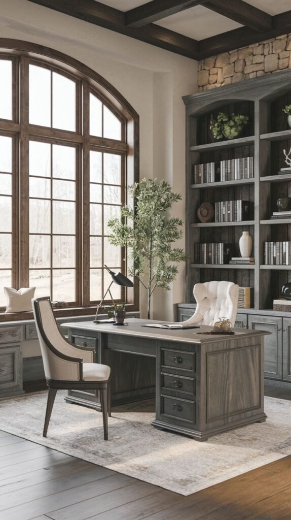 Luxurious Modern Farmhouse Office with dark wood coffered beams, an arched window featuring an integrated window seat, built-in gray-stained bookcases, and a commanding dark wood desk.