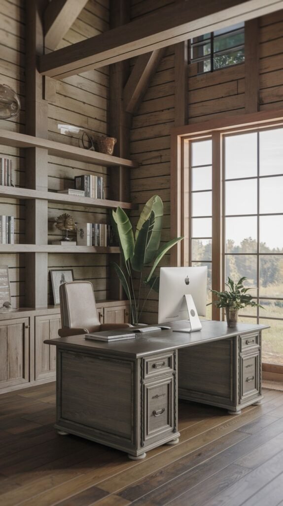 Modern Farmhouse Office studio entirely paneled in rough-hewn wood, featuring built-in library shelves, a dark gray wood desk, and a large picture window overlooking a landscape.