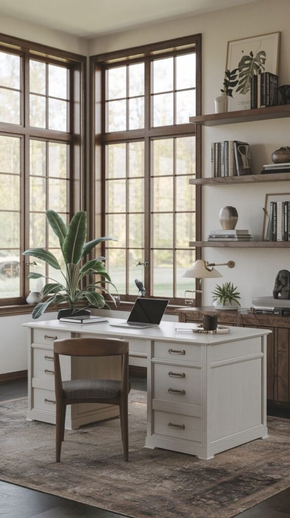 Bright Corner Modern Farmhouse Office featuring white wainscoting and large corner windows, centered on a white desk with multiple drawers, and tiered wood shelving on the adjacent wall.
