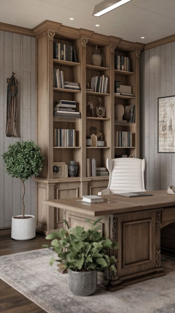 Traditional Modern Farmhouse Office showcasing ornate, tall wood bookcases against vertically paneled walls, featuring a classic wood desk and a high-backed white leather chair.