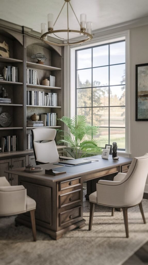 Formal Modern Farmhouse Office set up for meetings, featuring a large dark desk, two neutral guest chairs, and extensive arched built-in shelving, illuminated by a brass ring chandelier.