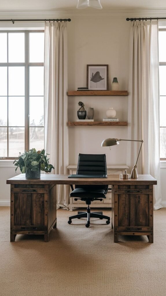 Rugged Modern Farmhouse Office with a heavily distressed, dark wood desk featuring visible hardware, simple dark floating shelves, and sheer curtains flanking a large window.