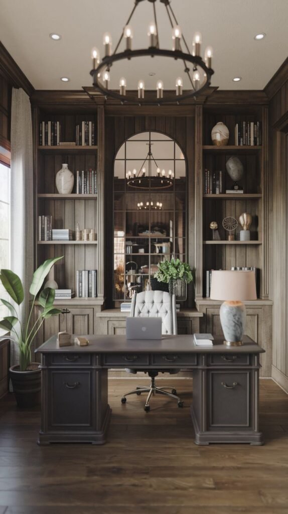 Dark, moody Modern Farmhouse Office library featuring wood-paneled walls, a large dark desk, and a central arched niche containing a segmented mirror, beneath a large dark chandelier.