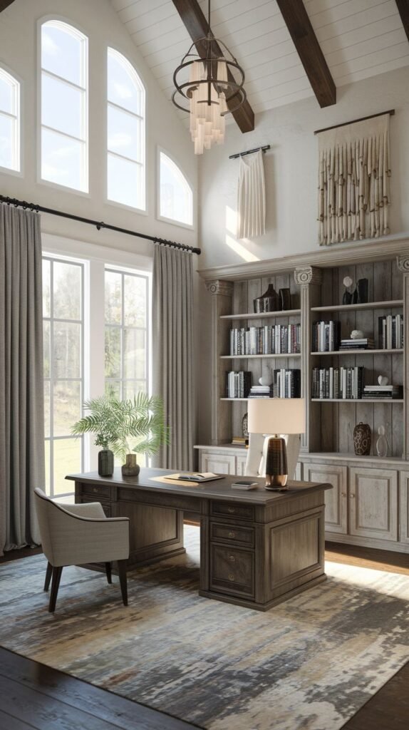 High-ceiling Modern Farmhouse Office featuring arched upper windows, floor-to-ceiling gray wash bookcases, and a dark wood desk set on a patterned rug.