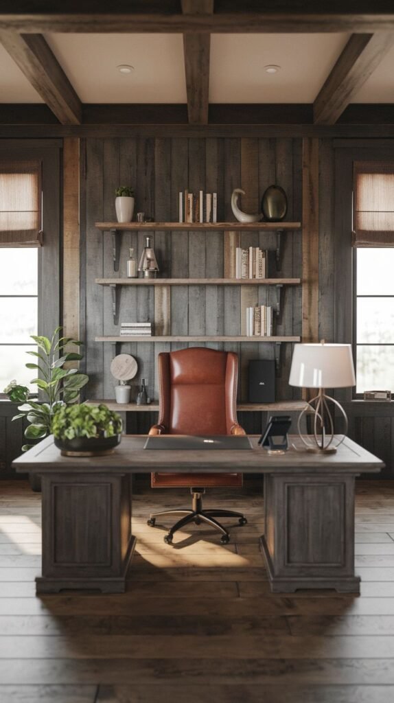 Intimate Modern Farmhouse Office utilizing dark wood plank walls and coffered ceiling beams, a dark gray pedestal desk, a warm brown leather chair, and minimalist floating shelves.