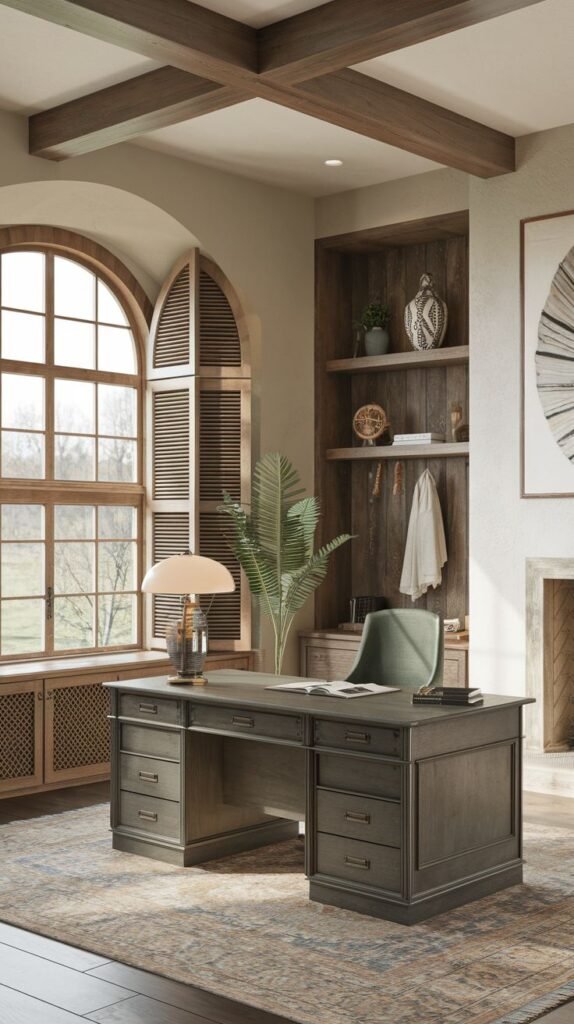 Modern Farmhouse Office featuring a gray desk, a cross-beamed ceiling, and a large arched window fitted with vertical wooden louvered shutters and integrated window cabinet storage.