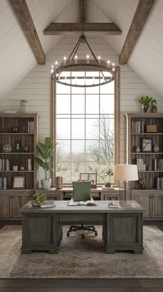 Grand Modern Farmhouse Office with a vaulted shiplap ceiling, exposed beams, a tall central window, and twin rustic built-in bookcases flanking a gray wood desk.