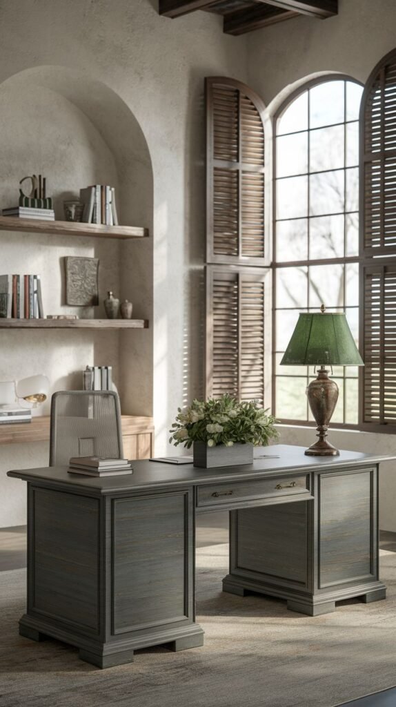 Elegant Modern Farmhouse Office with a gray desk, textured stucco walls, and an arched window fitted with multiple horizontal wood louvered shutters.
