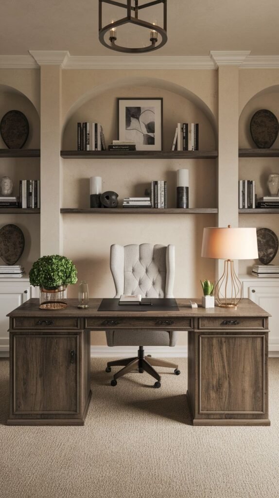 Modern Farmhouse Office dominated by a rich wood pedestal desk, a high-backed tufted chair, and a central archway flanked by recessed arched shelving and white lower cabinets.