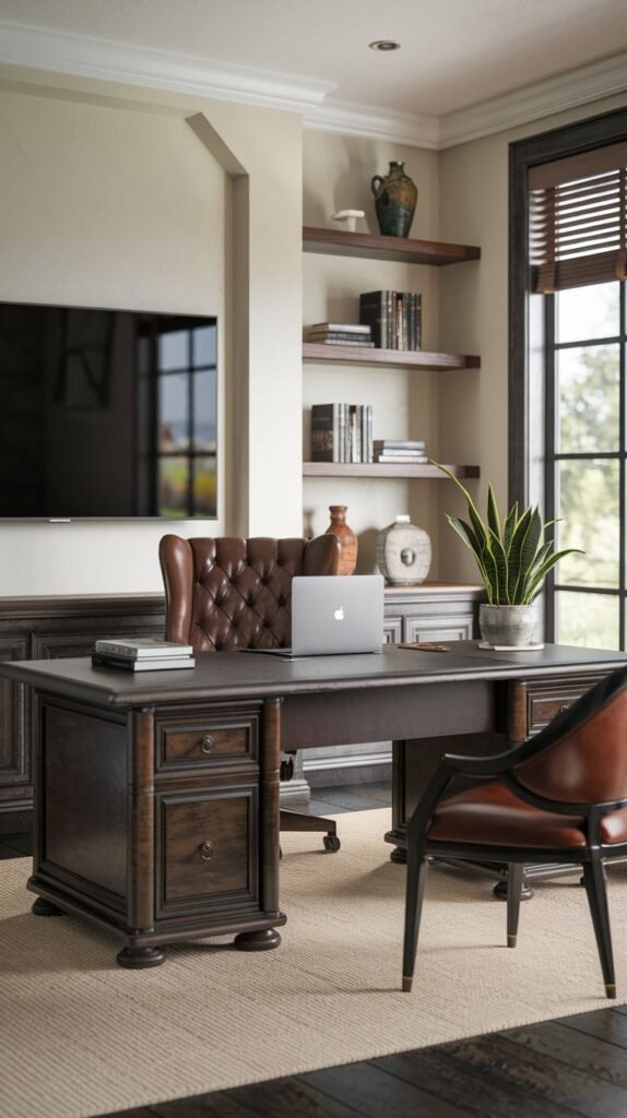 Dark Executive Modern Farmhouse Office featuring a rich, dark wood desk, a tufted leather chair, floating shelves with display items, and a wall-mounted television screen.