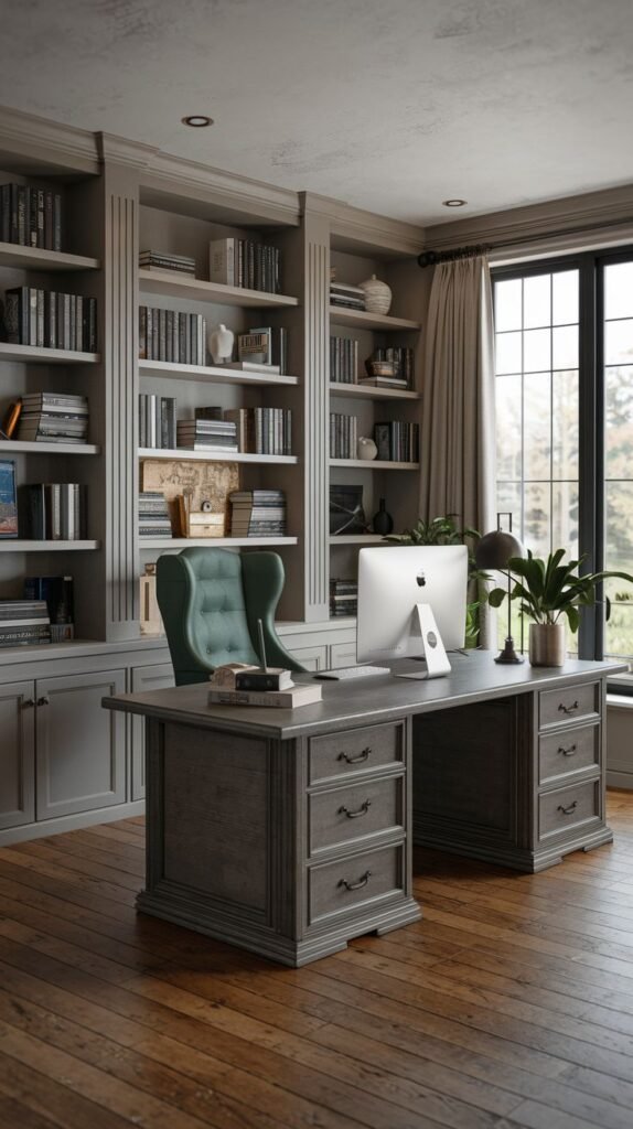 Monochromatic Modern Farmhouse Office featuring floor-to-ceiling gray built-in shelving, a matching gray desk, dark wood floors, and a statement deep green wingback chair.